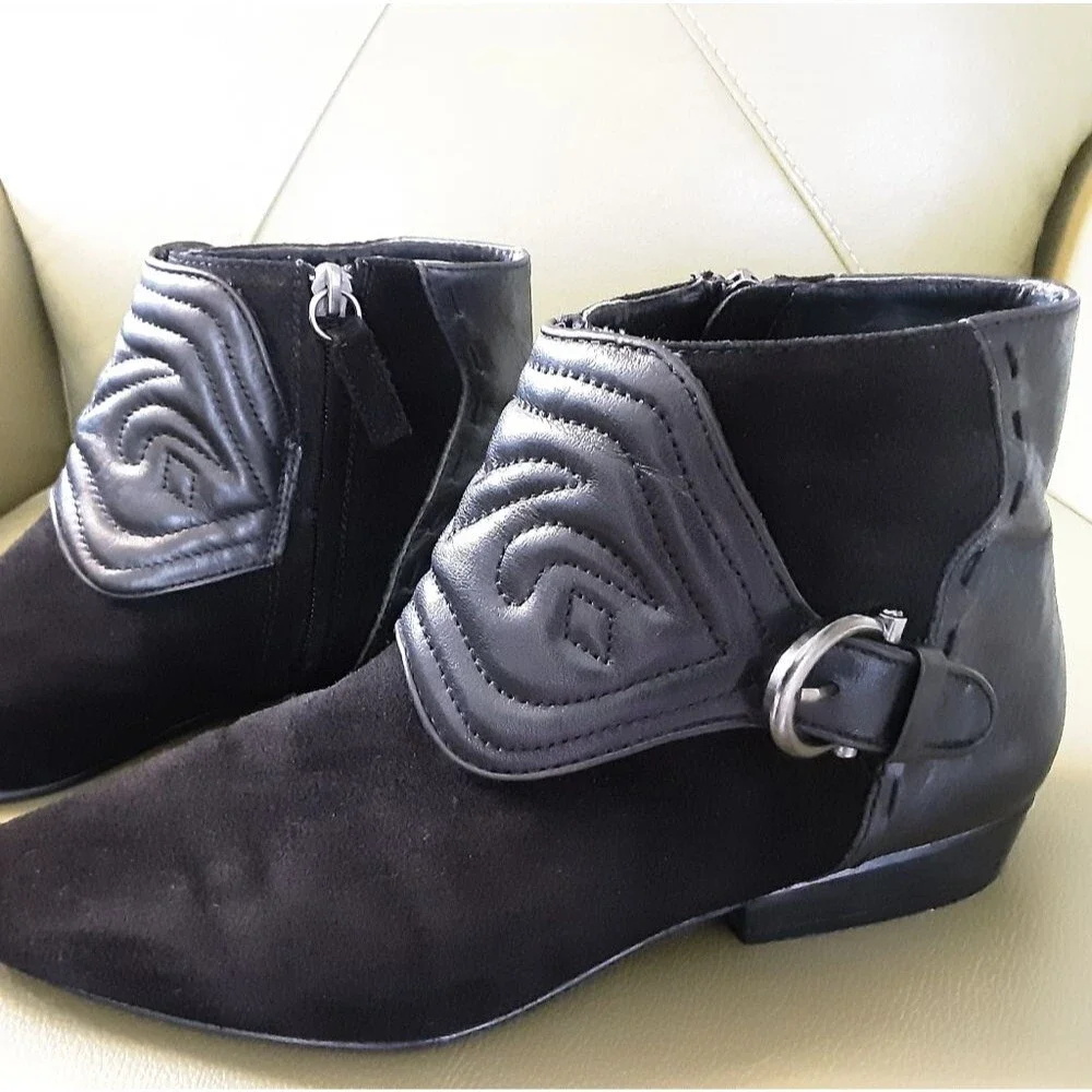ZARA Women Black Suede Quilted Leather Ankle Boots Sz 8 (39)
